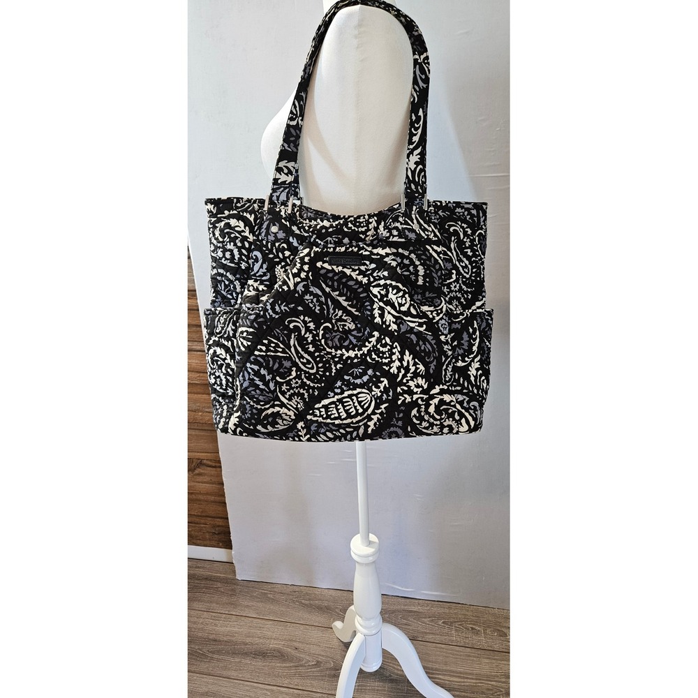 Vera Bradley Quilted Cotton Tote Bag Black White Paisley Floral Shoulder Bag